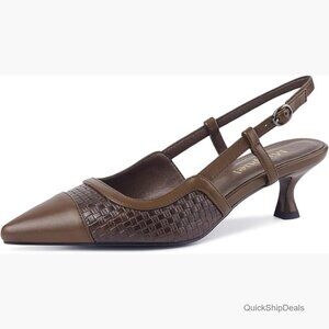 Woven Leather Kitten Heel Slingback Pumps with Buckle Strap